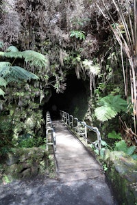 a wooden bridge leading into a cave