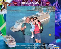 a family is posing for a photo in front of a cruise ship